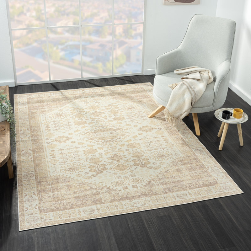 Melody Machine Washable Traditional Oriental Beige Waterproof Area Rug, Rectangle 2'8" x 3'10"