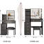 Coiffeuse noire avec miroir tactile à DEL coulissant, réglable en couleur, tabouret rembourré, idéale pour les petits espaces. Design américain.