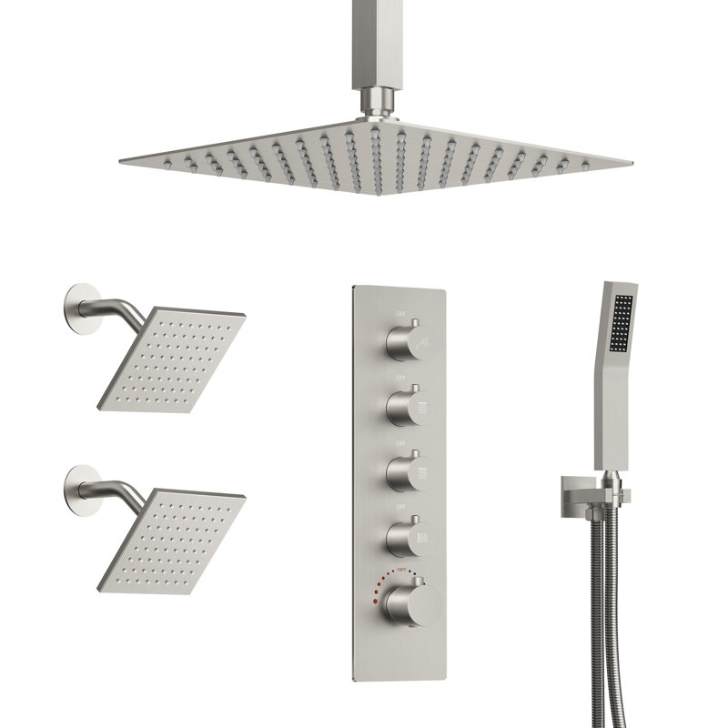 Thermostatic Shower System, Ceiling Mount 16" Rainfall Shower Faucet, 6" Wall Mount Dual Showerheads with Handheld Spray