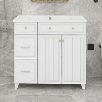 Meuble-lavabo 36 po avec lavabo en céramique, tiroirs standard et double couche, tablettes réglables