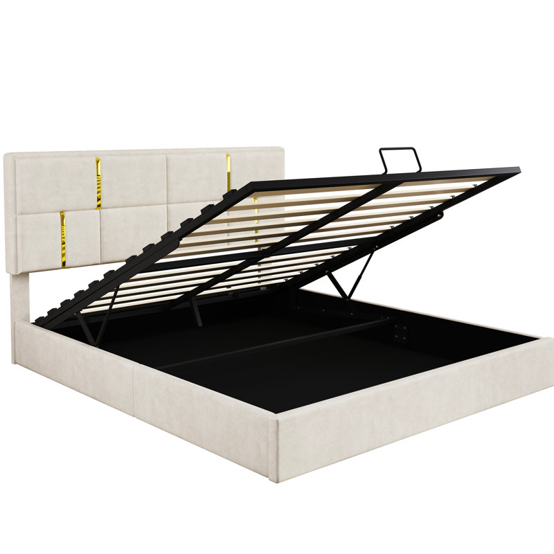 Grand lit tapissier avec rangement hydraulique, beige, revêtement en tissu doux, décoration de tête de lit dorée, structure en contreplaqué, support de 500 lb, lit plateforme simple, tissu, orné