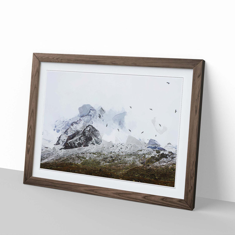 The Swiss Alps with a Flock of Birds in Abstract - Picture Frame Graphic Art Print, 50cm H x 76cm W x 2cm D, Walnut