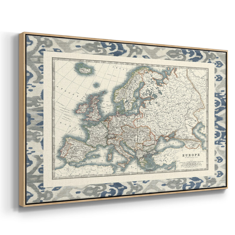 Bordé carte de l'Europe, peinture sur toile encadrée, Cadre en bois naturel, H 27 po x l 41 po x P 2 po