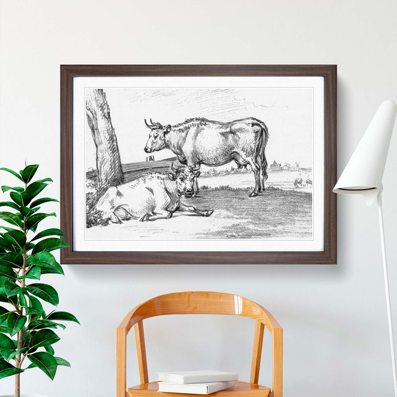 Two Cows by Jean Bernard - Picture Frame Drawing Print, 36cm H x 48cm W x 2cm D, Walnut Framed