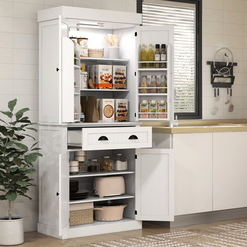 71" Tall Kitchen Cabinet With Motion Sensor By - 6 Door Shelves, Drawer, 4 Adjustable Shelves White For Magnificent Living, Dining Arrangements Spacious Room Storage