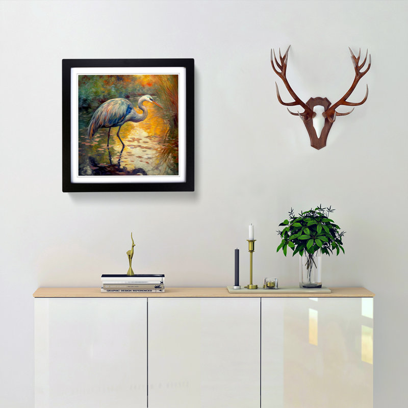 Heron Neo-Impressionism No.1 - Single Picture Frame Print on Wood, Black
