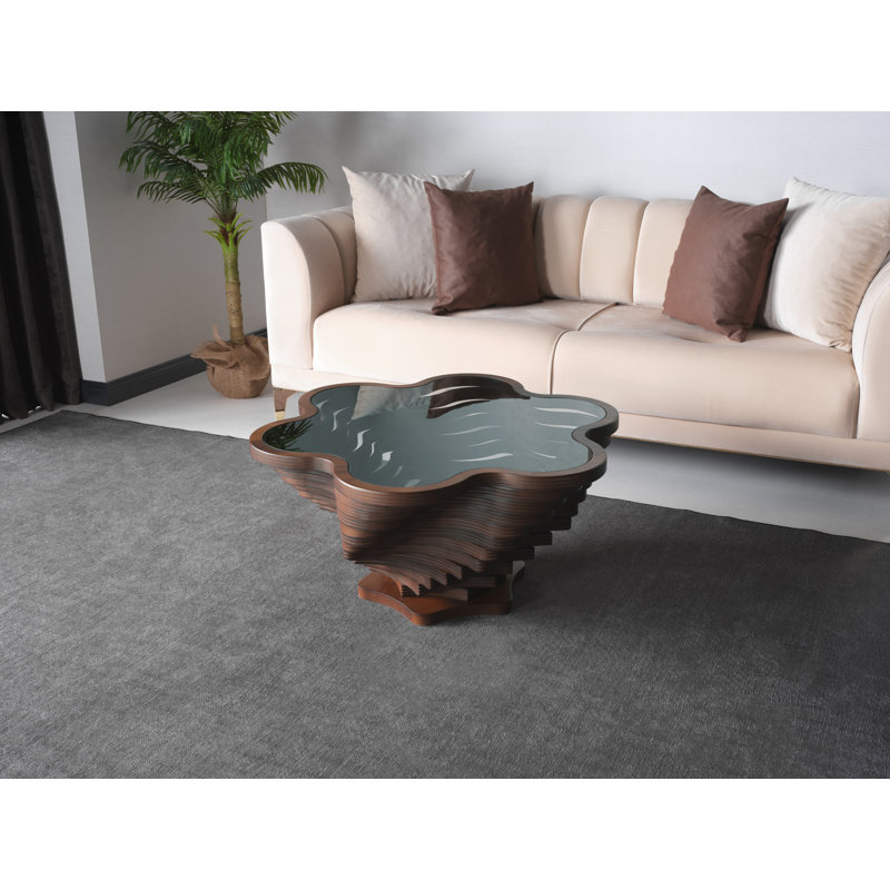 Table basse modèle Roza, centre de table en bois, plateau en verre trempé, placage de noyer