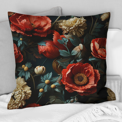 Deep Red And Beige Floral Blooms IV - Floral Printed Throw Pillow
