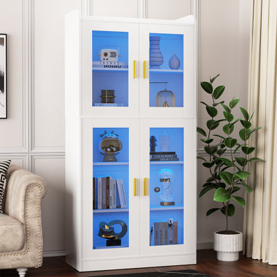 Bibliothèque de 67 po en verre, 5 tablettes de rangement à 5 niveaux avec lumières DEL, bibliothèque