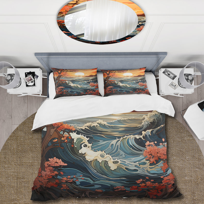 Ensemble de housse de couette orange japonais Waves In Sunset Blooms 2 - Coastal Sunset