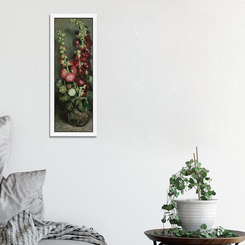 Vase Of Hollyhocks, 1886 by Vincent Van Gogh - Floater Frame Panoramic Painting on Canvas, White Framed