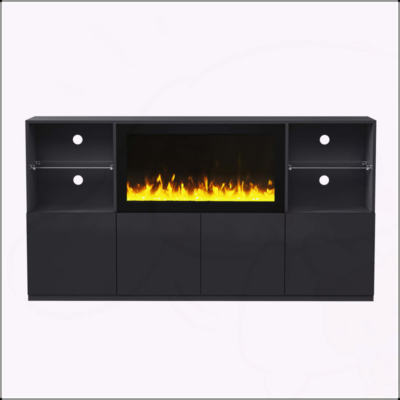 Meuble télé ultrabrillant avec foyer électrique non chauffant, Noir