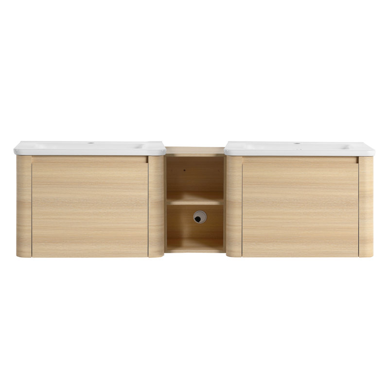 Meuble-lavabo mural 68 po avec évier en céramique et tablettes de rangement, fabrication en contreplaqué