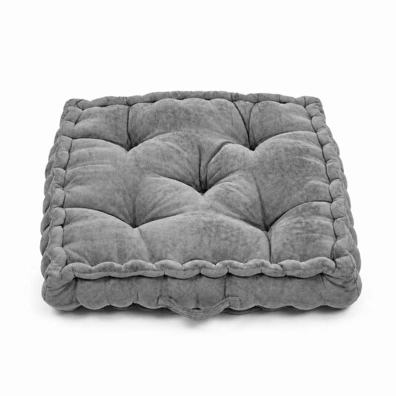 Coussin de sol surdimensionné en chenille capitonnée, fabriqué à la main, avec poignée latérale, Gris