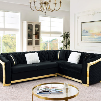 106 Inches L-Shaped Luxury In Black Velvet, Gold Stainless Steel Accents, 5 Pillows, Soft Seating, Back, Rolled Arms, Suitable For Living Space Sectional Couch, Velvet Button , - Seat, High Density