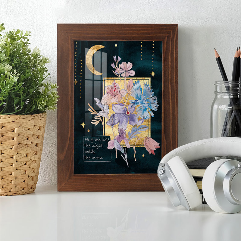 " Moonlight Flowers III ", 6" H x 4" W x 1" D, Chestnut Framed Paper