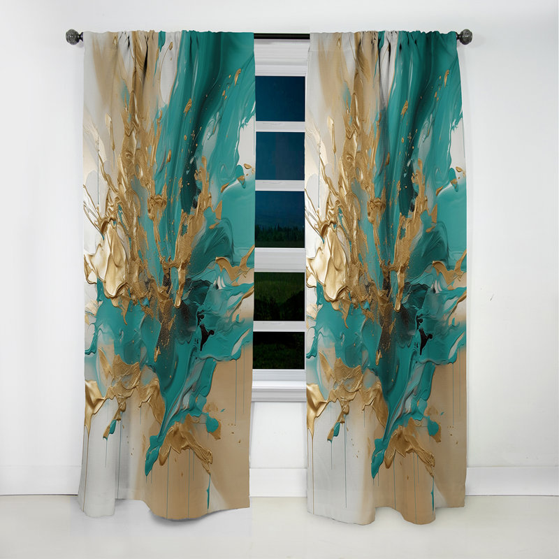 Gold And Turquoise Marble Fluid Ink - Abstract Marble Marble Blackout Curtain - 1 Panels, 52" W x 120" L