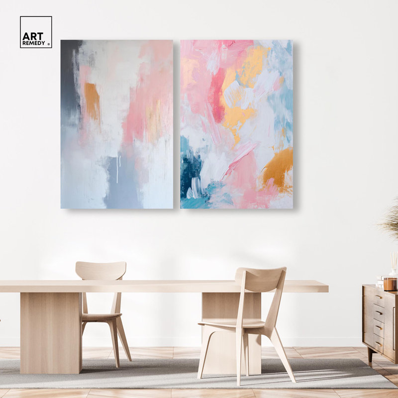 Enigmatic Tones Diptych Canvas Print Sunset Pink Wall Decor Set by Art Remedy, Black Frame, 10 x 15, H 54 po x l 36 po
