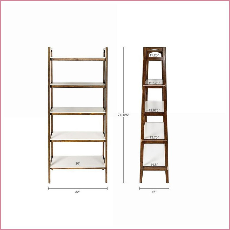 5-Shelf Mid-Century Bookcase | Off-White &amp; Pecan | Solid Wood Frame