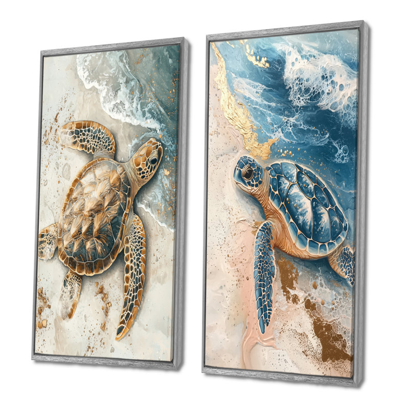 Tortue dorée traînant sur la plage I - animaux, art mural 2 panneaux, Encadrement argenté, H 32 po x l 33 po