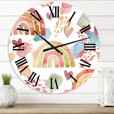 Multicolored Rainbows Clouds and Hearts - Children's Art wall clock