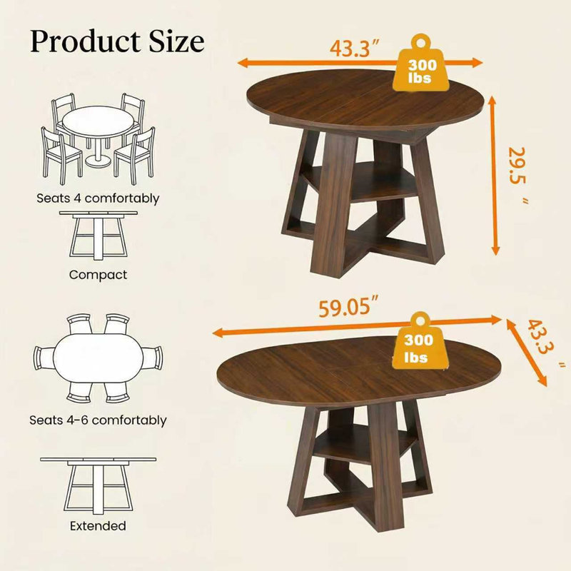 Table de salle à manger extensible ronde pour 4 à 8 personnes, table de salle à manger ovale de cuisine moderne avec feuilles amovibles peu encombrantes, base en bois avec tablette de rangement pour le salon de la cuisine