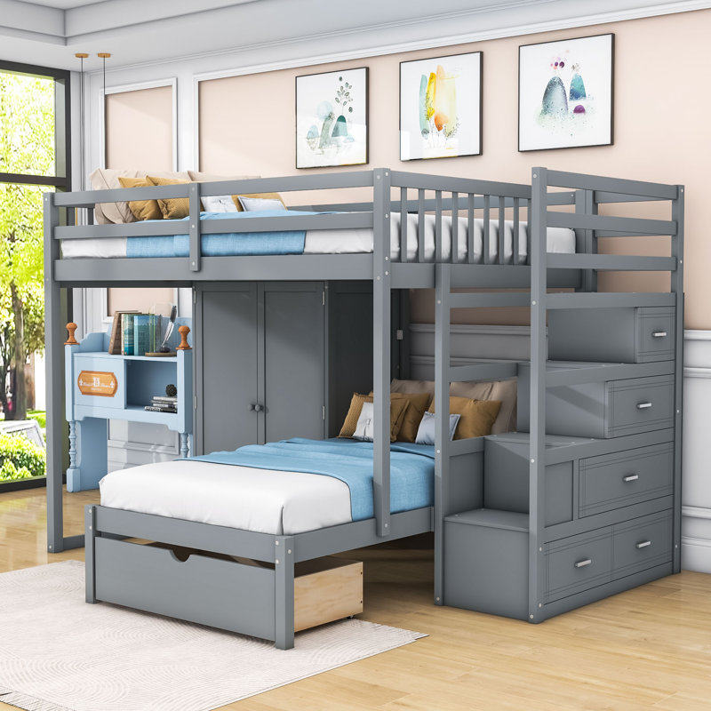 Kary Full Over Twin Bunk Bed With Storage Drawers And Staircase, Gray