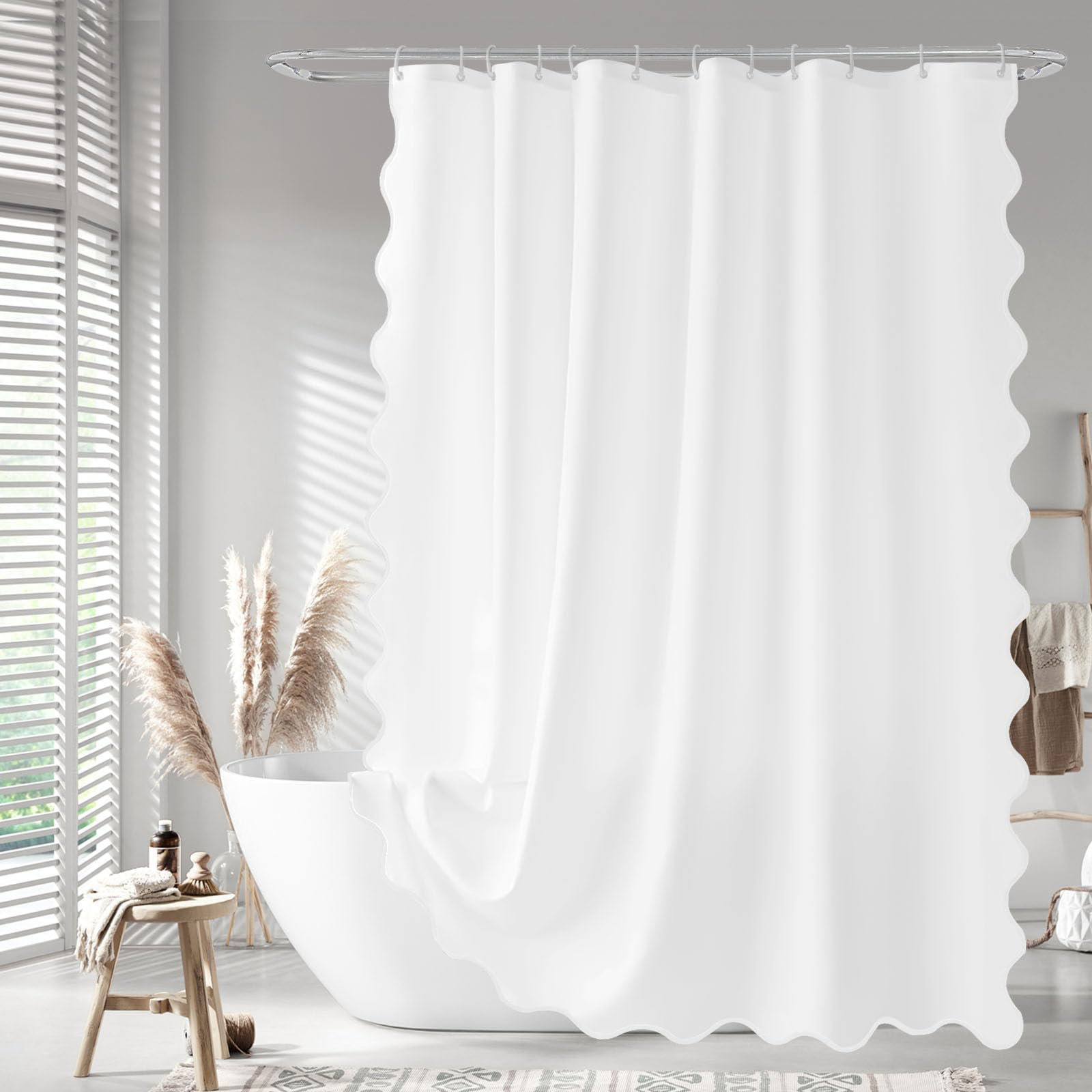 East Urban Home White Scalloped Fabric Shower Curtain, 72 X 72 Inches