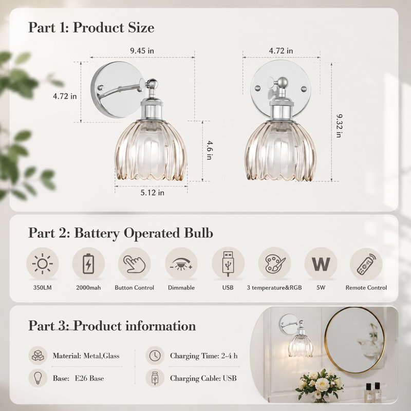 2-Pack Rechargeable LED Wall Sconce With Remote, Battery Operated Wireless Wall Light With Tulip Glass Lampshade, 12 RGB Colors & Dimmable (Bulbs Included)