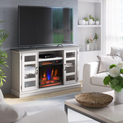 Centre de divertissement avec foyer en verre duraflame® et rangement en verre, chêne Blanco
