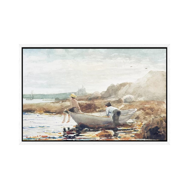 Boys On The Beach by Winslow Homer - Painting on Canvas, White Framed, 66.04cm H x 101.6cm W x 3.81cm D