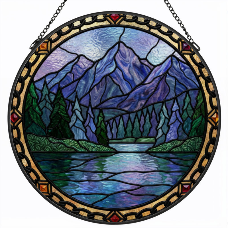 7.8"H Mountain Landscape Stained Glass Window Panel, 7.8" H x 7.8" W