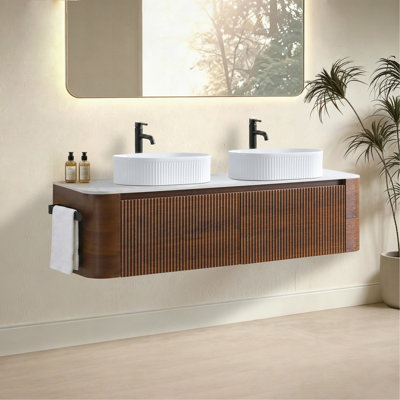 Meuble-lavabo de 60 po avec lavabo, armoire murale en noyer avec porte-serviettes gratuit, conception de deux lavabos en céramique rayés ovales blancs, sans drain et robinet, pré-assemblé