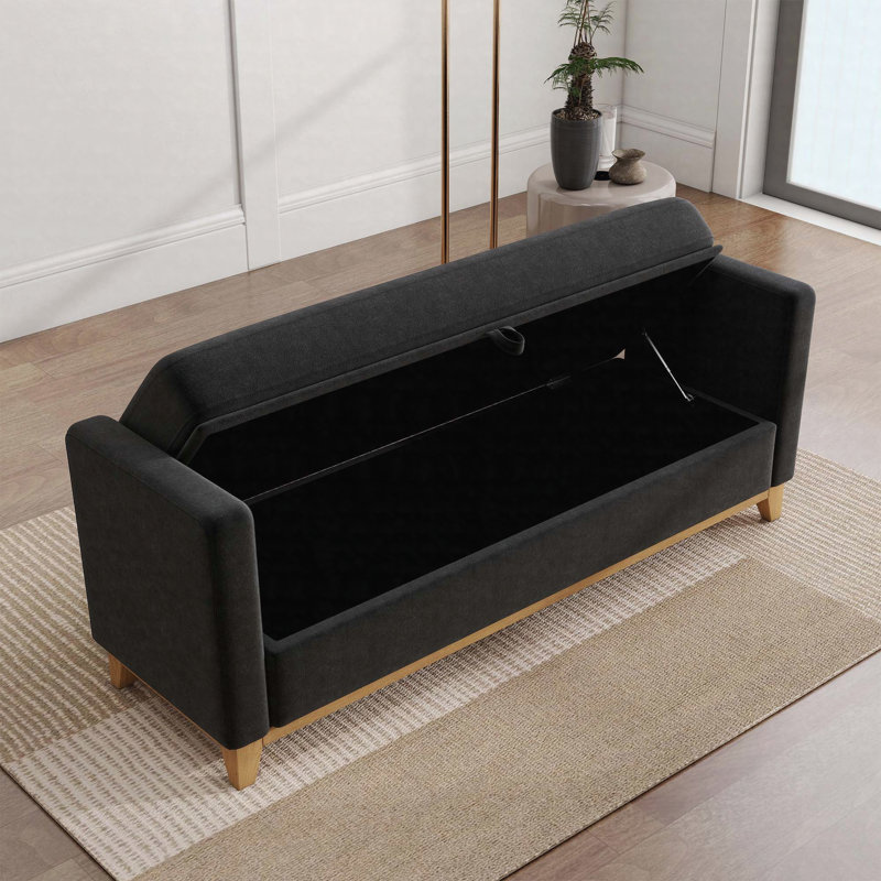 Banc de rangement en sherpa 66 "avec pieds en bois et traversins, noir, Black, Natural