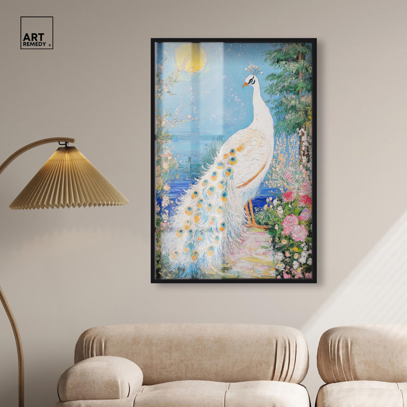 «Peacock in Paradise Shadowbox Print Natures Art Prints» par Art Remedy, H 46 po x l 31 po, Noir