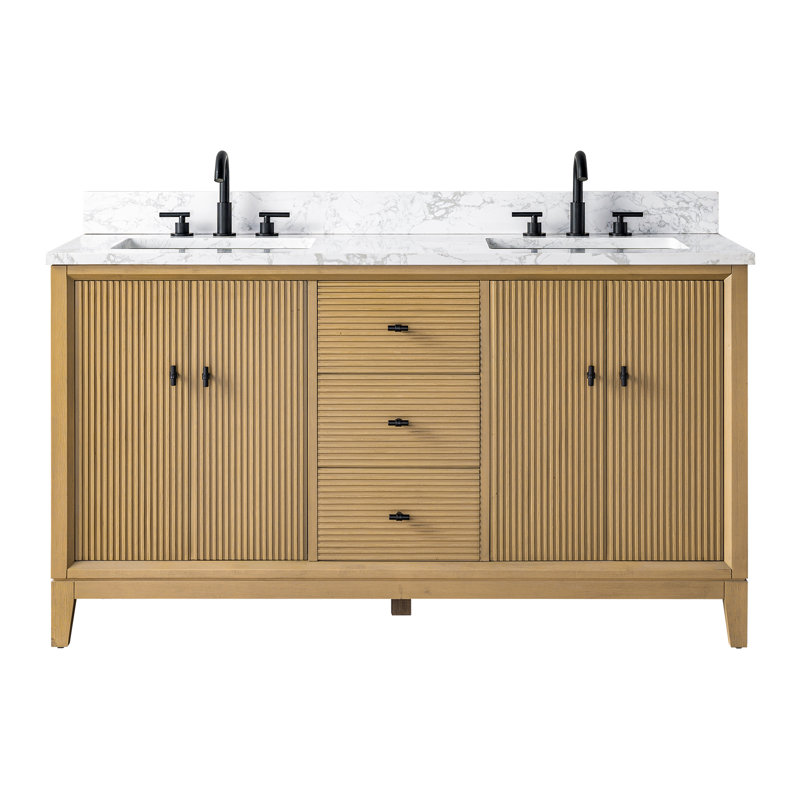 Caldwell 60" Double Sink Freestanding Bathroom Vanity with Engineered Marble Top, Natural Oak, Arabescato White, Matte Black
