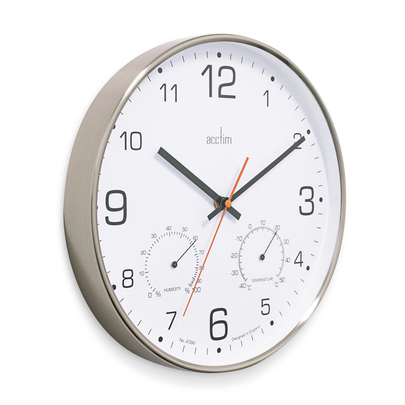 Acctim Komfort Wall Clock Non-Ticking Sweep Metal Case Thermometer Hygrometer Display Brushed Steel 30cm