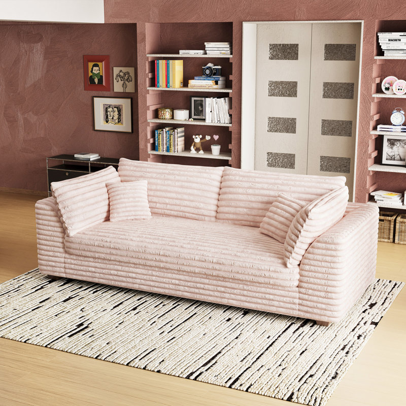 Causeuse rembourrée en bois massif avec coussins décoratifs, Fausse fourrure rose