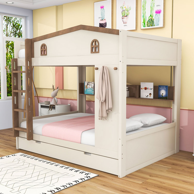 Lit superposé avec lit gigogne et tablettes de rangement, Grand sur grand, Beige / Naturel