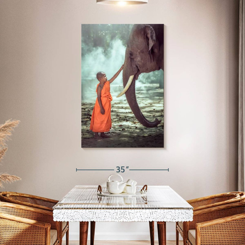 Brampt Young Monk And Elephant, 48" H x 32" W