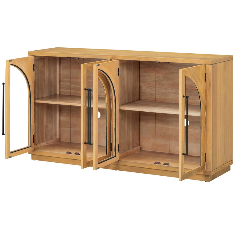 Rangement arqué rétro à 4 portes, tablettes réglables, bois naturel, buffet à structure stable avec verre et aura, pour la décoration intérieure