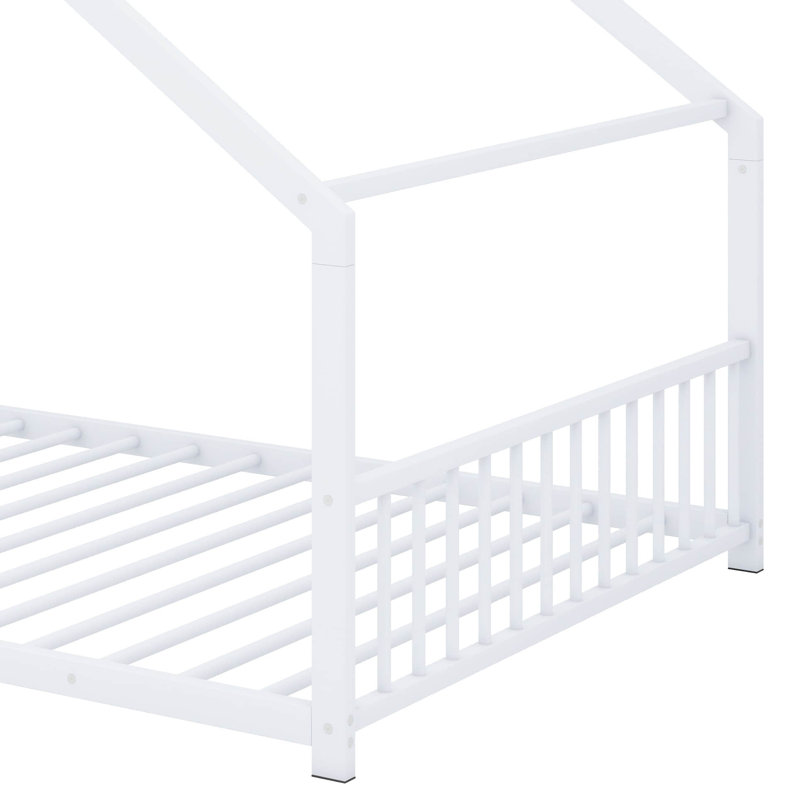 Charmant lit à cadre en métal en forme de maison, Lit double, Blanc