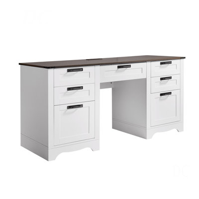 Executive Desk, Farmhouse Office Table With Charging Station, Heavy Duty Particle Board Executive Table With Storage Drawers, 200 LBS Load Capacity, Easy Assembly, For Work Study Writing, Walnut