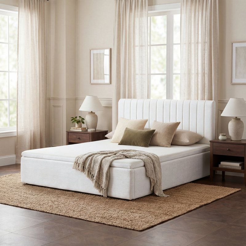 Zipper-Connected Compression Bed With A 15” High Mattress And Tufted Headboard, Full, Off White
