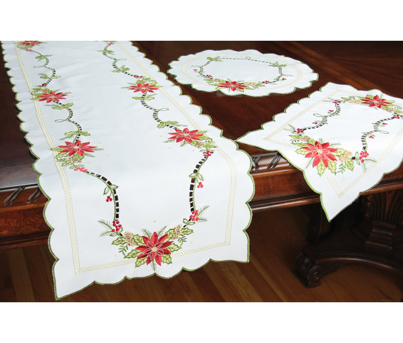 Scrolling Poinsettia Embroidered Cutwork Table Runner, 72" L x 15" W