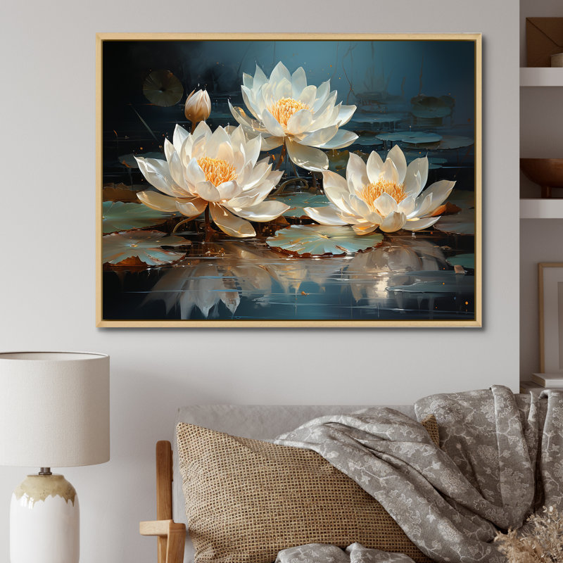 Fleurs de lotus baignées au clair de lune - Art sur toile de lotus, H 24 po x l 32 po x P 1 po, Cadre naturel flottant
