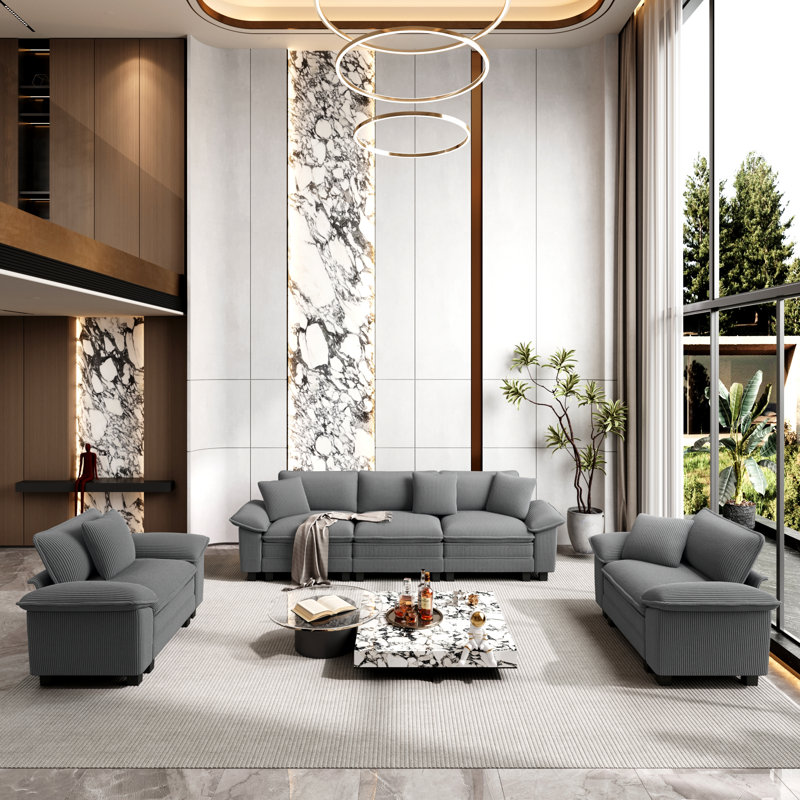 5 - Piece Living Room Set, Light Grey Corduroy