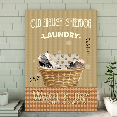 «Old English Sheepdog Do Laundry Gallery», toile tendue - décor d'illustration pour animaux de compagnie