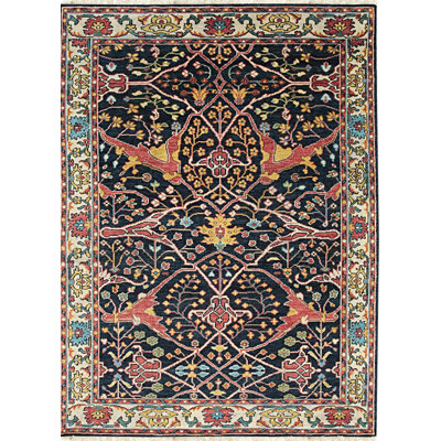 Blue Hand-Knotted Wool Phoenix Design Motif Geometric Modern Contemporary Carpet Rug