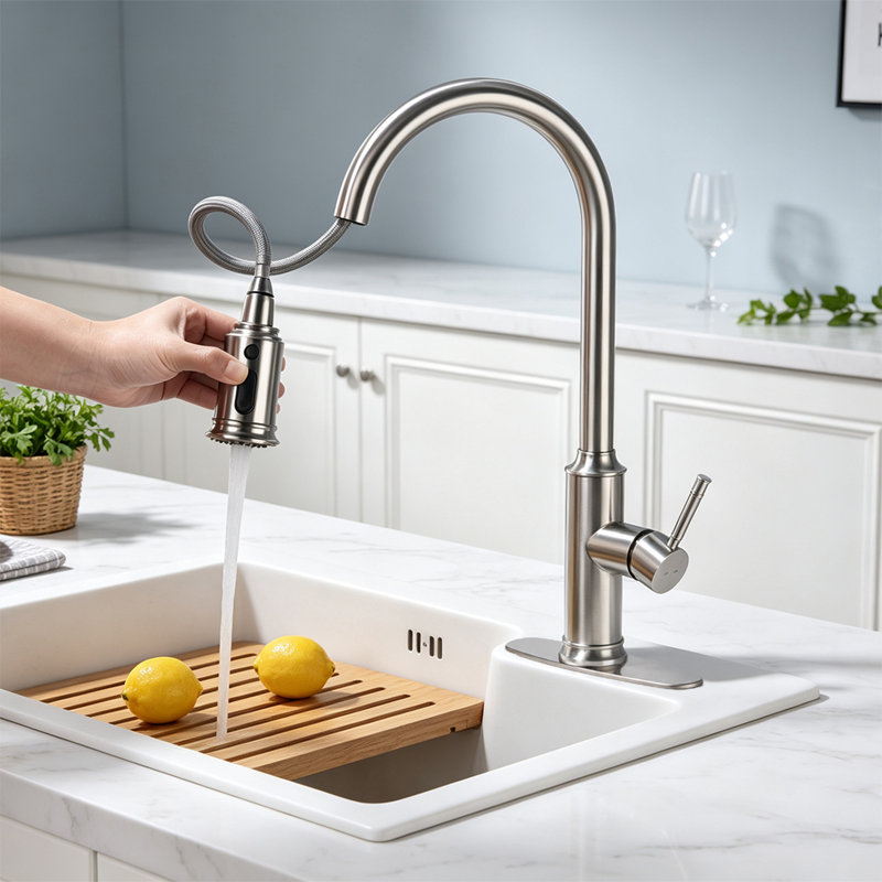 Single Handle Pull-Down Kitchen Faucet with Deck Plate, 3 Spray Settings